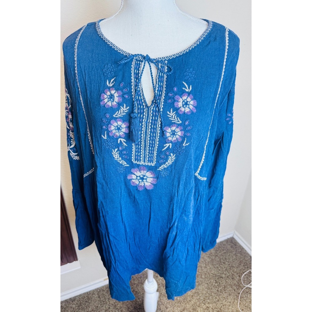 Sonoma Teal Blue Embroidered Floral Peasant Blouse Boho Top 2X cottagecore